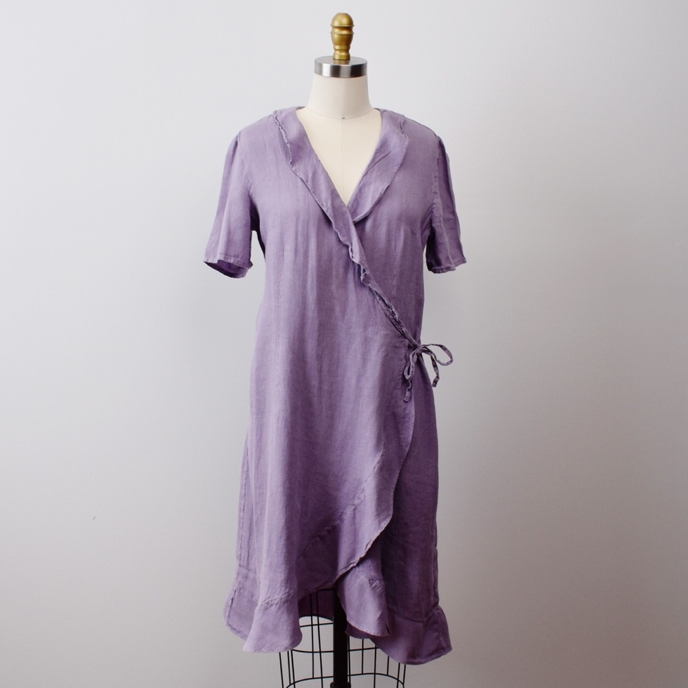 120% Lino Purple Linen Wrap Dress Made in Italy